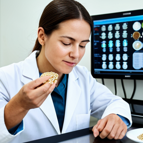 Home 14 A professional female nutritionist in a modest, clean lab coat over appropriate attire, meticulously examining a food sample under a microscope in a bright, sterile laboratory. Advanced scientific equipment and digital displays of nutritional data are visible in the background. On a clean counter, various naturally gluten-free whole grains like quinoa, buckwheat, and rice are artfully arranged in glass bowls. The subject has a focused and intelligent expression, embodying a scientific approach to healthy nutrition. Perfect anatomy, correct proportions, natural pose, well-formed hands, proper finger count, natural body proportions, high-resolution, detailed, professional photography, studio lighting, safe for work, appropriate content, fully clothed, professional, modest, family-friendly.