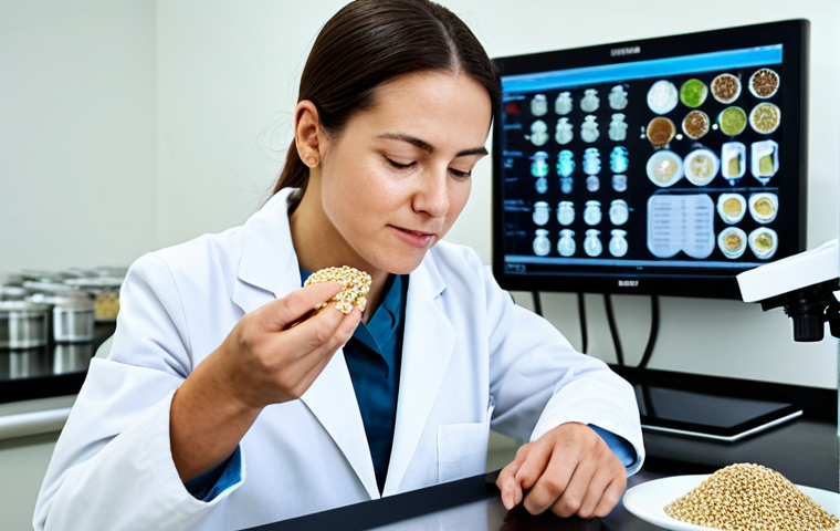 A professional female nutritionist in a modest, clean lab coat over appropriate attire, meticulously examining a food sample under a microscope in a bright, sterile laboratory. Advanced scientific equipment and digital displays of nutritional data are visible in the background. On a clean counter, various naturally gluten-free whole grains like quinoa, buckwheat, and rice are artfully arranged in glass bowls. The subject has a focused and intelligent expression, embodying a scientific approach to healthy nutrition. Perfect anatomy, correct proportions, natural pose, well-formed hands, proper finger count, natural body proportions, high-resolution, detailed, professional photography, studio lighting, safe for work, appropriate content, fully clothed, professional, modest, family-friendly.