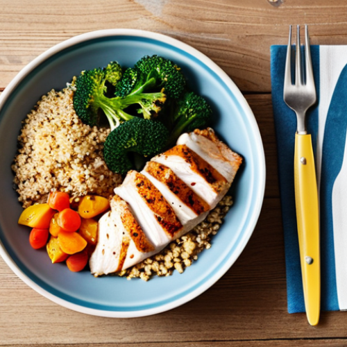 Home 7 **
"A healthy and balanced meal featuring lean protein (such as chicken or fish), a colorful mix of vegetables, and a serving of complex carbohydrates like quinoa or brown rice, fully clothed, appropriate attire, safe for work, perfect anatomy, natural proportions, professional food photography, bright and appetizing lighting, modest presentation, family-friendly content."
**