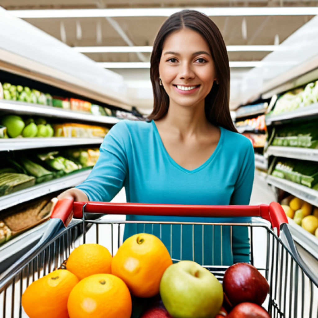 비만도 측정법 - Woman Grocery Shopping**

"A woman in appropriate, modest clothing, pushing a shopping cart filled w...