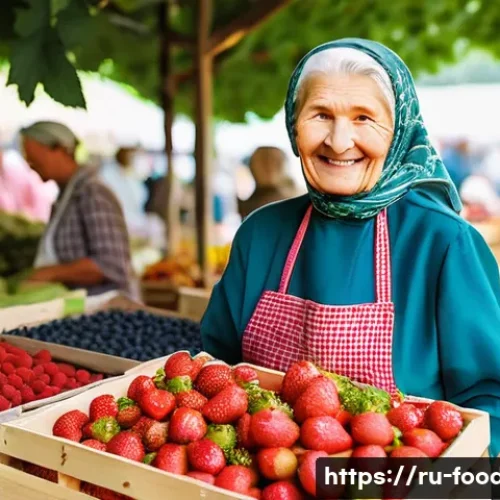 Home 27 식품 산업 트렌드 분석 - **Prompt:** A bustling, vibrant Russian farmers' market scene on a sunny day. Focus on an older Russ...