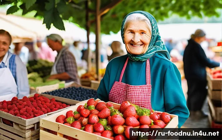 식품 산업 트렌드 분석 - **Prompt:** A bustling, vibrant Russian farmers' market scene on a sunny day. Focus on an older Russ...