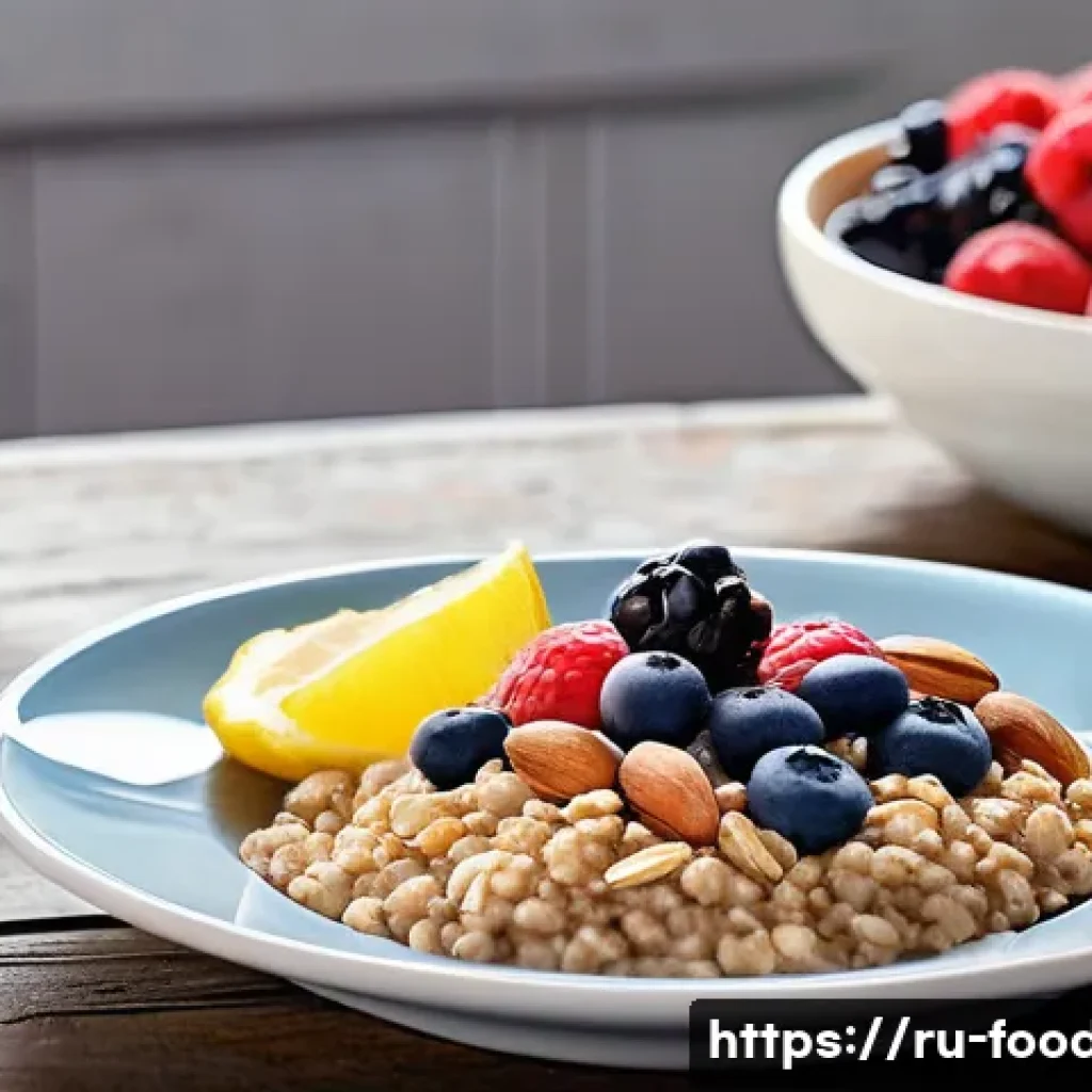 단순 당과 복합 당의 차이 - A vibrant, detailed illustration of a balanced breakfast table featuring whole grain oatmeal topped ...