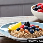 Home 19 단순 당과 복합 당의 차이 - A vibrant, detailed illustration of a balanced breakfast table featuring whole grain oatmeal topped ...