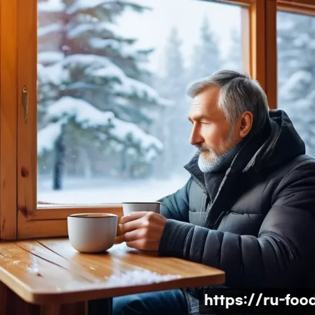 카페인과 신진대사 - A detailed illustration of a middle-aged Russian man enjoying a cup of natural medium-roast coffee i...