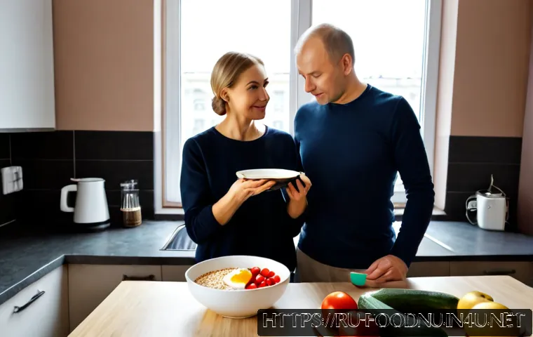 대사증후군과 영양 - Photorealistic healthy nutrition scene for metabolic syndrome prevention, Russian middle-aged couple...