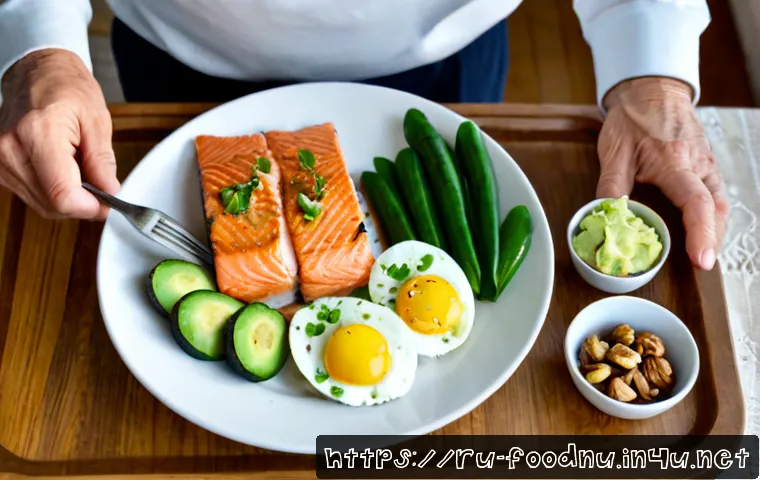 고지방 식단의 장단점 - Photorealistic overhead view of a balanced high-fat meal on a clean wooden kitchen table in a cozy R...